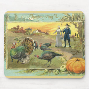 Vintage Thanksgiving mit Truthähnen und Pilgern Mousepad