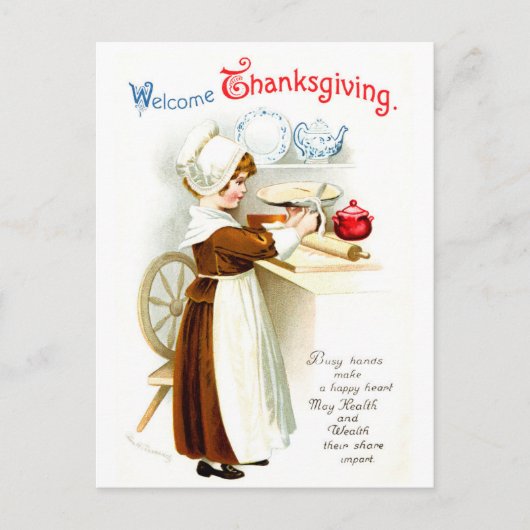Vintage Thanksgiving - Pilgrim Baking Pie Feiertagspostkarte (Vorderseite)