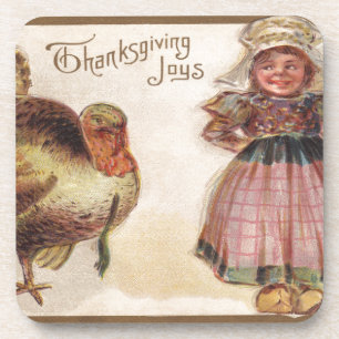Vintage Thanksgiving, Truthahn mit Pilgermädchen Getränkeuntersetzer