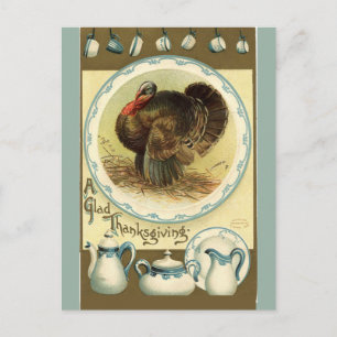 Vintage-Thanksgiving-Truthahn und Geschirr Postkarte