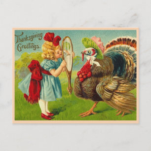 Vintage Thanksgiving Truthahn und Mädchen Feiertagspostkarte
