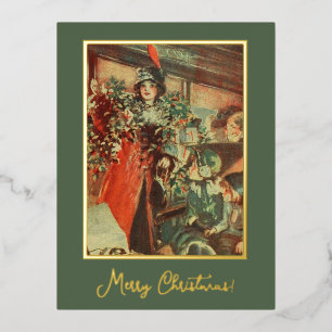 Vintage Thema Grüne Weihnachtsbaum Geschenke Dame Folien Feiertagspostkarte