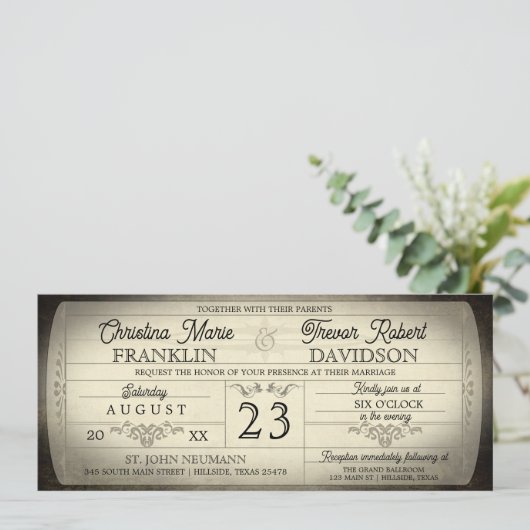 Vintage Ticket Style Wedding Invitation Einladung (Stehend Vorderseite)