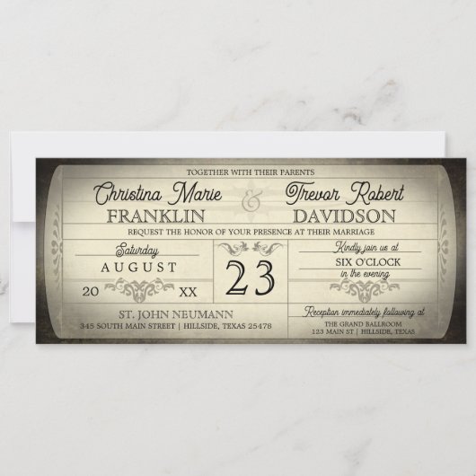 Vintage Ticket Style Wedding Invitation Einladung (Vorderseite)