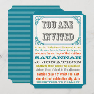 Vintage Ticket Typografie Aquamarin Gelbe Orangenk Einladung