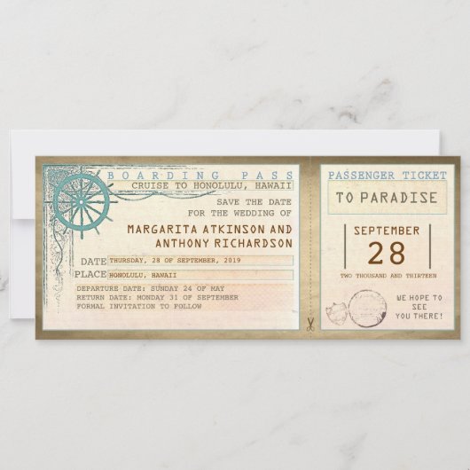 Vintage Tickets für den Boarding Save the Date (Vorderseite)