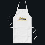 Vintage Ticking Stripe Coordinating Yellow Lange Schürze<br><div class="desc">Keep your clothes clean as you cook wearing this personalized apron. This design coordinates with my Ticking Stripe Vintage Farmhouse style kitchen accessories collection each apron is available with blue, sage green, mushroom brown, or mustard yellow accents. Great gift for the bride to be, someone moving into a new home,...</div>
