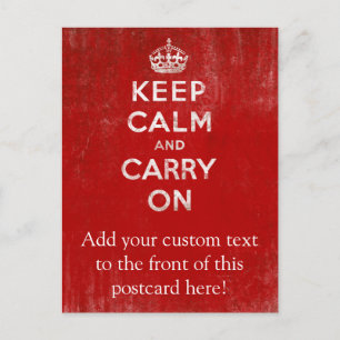 Vintage tiefrotes abgenutztes Keep Calm and Carry Postkarte