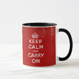 Vintage tiefrotes abgenutztes Keep Calm and Carry Tasse