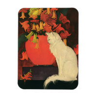 Vintage Tiere, elegante weiße Katze, Blume im Herb