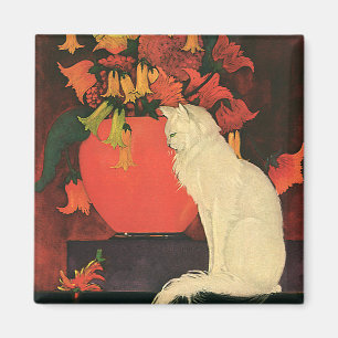 Vintage Tiere, elegante weiße Katze, Herbstblumen Magnet