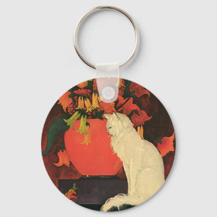 Vintage Tiere, elegante weiße Katze, Herbstblumen Schlüsselanhänger