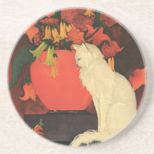 Vintage-Tiere, elegante weiße Katze, Herbstblumen Untersetzer