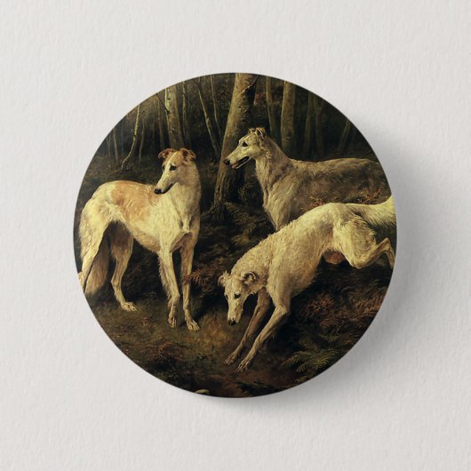Vintage Tiere, Grauhund-Jagdhunde im Wald Button (Vorderseite)