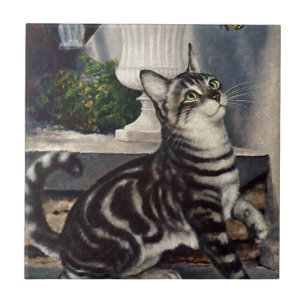 Vintage Tiere, Niedlicher Tabby Cat und Schmetterl Fliese