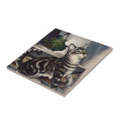 Vintage Tiere, Niedlicher Tabby Cat und Schmetterl Fliese (Seite)