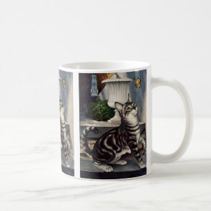 Vintage Tiere, Niedlicher Tabby Cat und Schmetterl Kaffeetasse