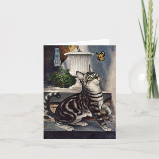 Vintage Tiere, Niedlicher Tabby Cat und Schmetterl Karte (Vorderseite)