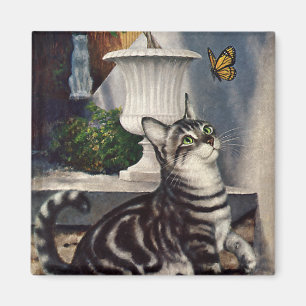 Vintage Tiere, Niedlicher Tabby Cat und Schmetterl Magnet