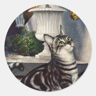Vintage Tiere, süße getigerte Katze und Schmetterl Runder Aufkleber
