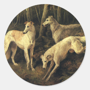 Vintage-Tiere, Windhunde im Wald auf der Jagd Runder Aufkleber