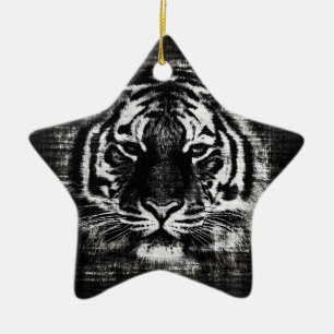 Vintage Tiger-Ornamente aus Schwarz und Weiß Keramik Ornament