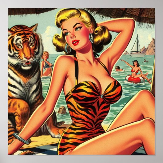 Vintage-Tiger-Print-Mädchen Poster (Vorne)