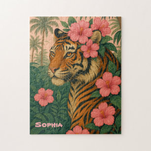 Vintage-Tiger-Puzzle mit rosa tropischen Blumen Puzzle