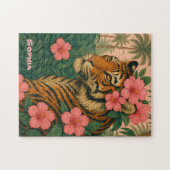 Vintage Tiger Puzzle with Pink Tropical Flowers (Horizontal)