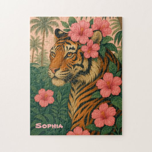 Vintage Tiger Puzzle with Pink Tropical Flowers (Vertikal)