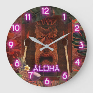Vintage Tiki Aloha Lila Schimmer Hawaiian Tropisch Große Wanduhr