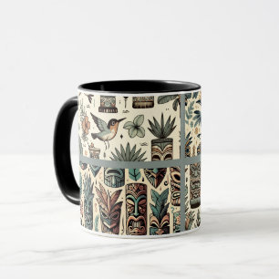 Vintage-Tiki-Masken und Vögel in Graugrün Tasse
