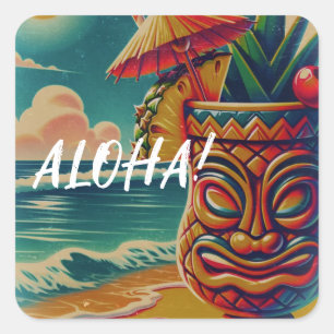 Vintage-Tiki-Regenschirm-Getränk-Luau-Party Quadratischer Aufkleber