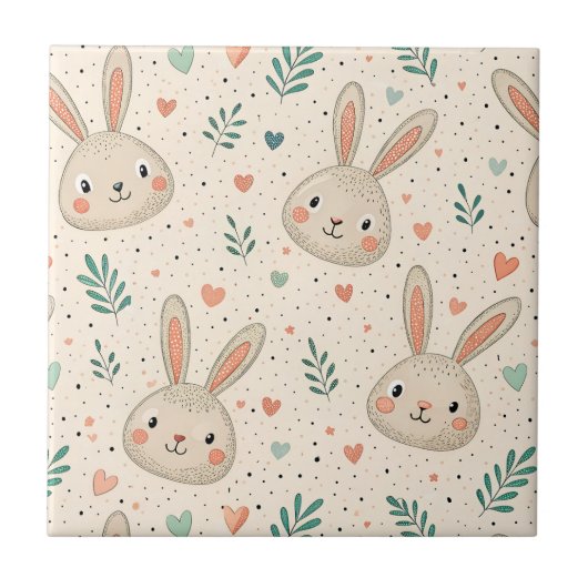 Vintage Tiny Bunny Faces with Roses Pattern Fliese (Vorderseite)