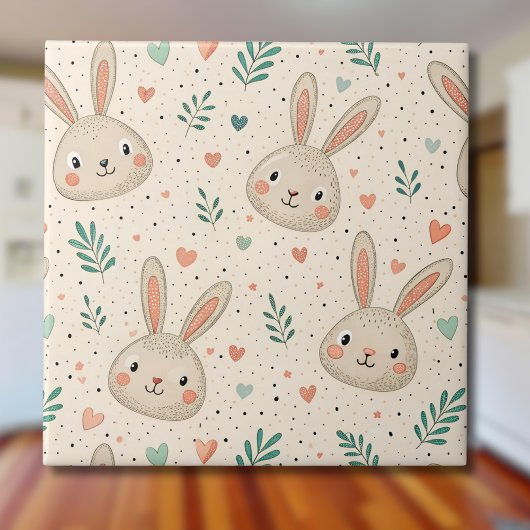 Vintage Tiny Bunny Faces with Roses Pattern Fliese