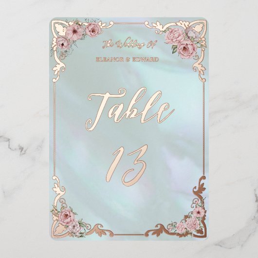 Vintage Tischnummer Aqua Peony Foil (Vorderseite)
