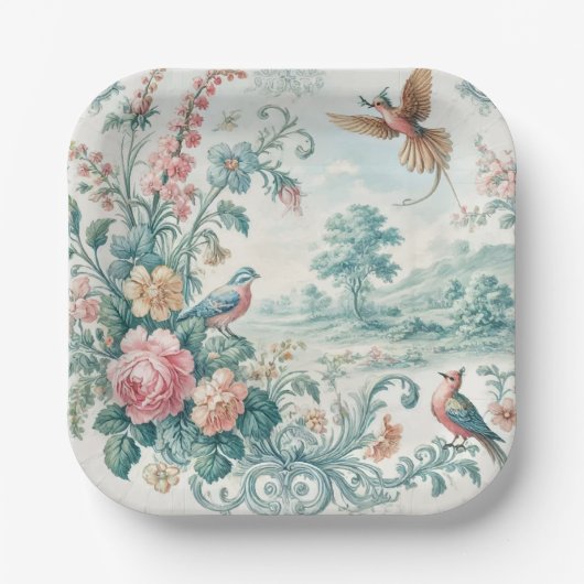 Vintage-Toile-Blumen Pappteller (Vorderseite)