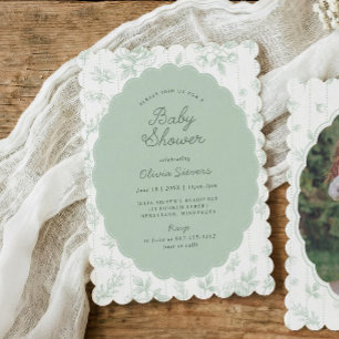 Vintage-Toile-Sage-Blumen-Baby-Shower-Einladung Einladung