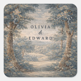 Vintage Toile Wedding Tapestry Romantic Woodland  Quadratischer Aufkleber