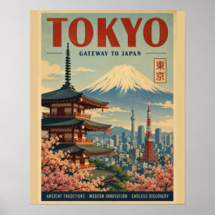 Vintage Tokio Reiseplakat mit Mt. Fuji, Kirsche Poster