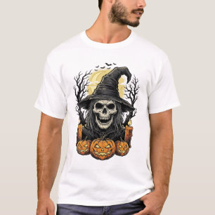 Vintage-Totenkopf-Hexe-Halloween-Kürbis-Vektor-Des T-Shirt