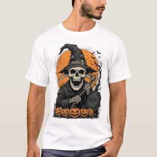 Vintage-Totenkopf-Sensenmann-Halloween-Kürbis-Graf T-Shirt