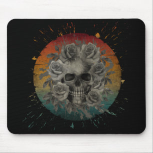 VINTAGE-TOTENKOPF UND BLUMEN SCHWARZ-WEIß MOUSEPAD