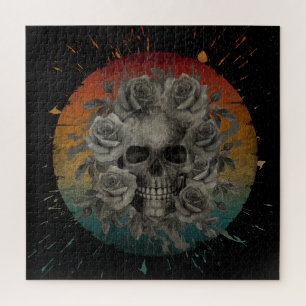 VINTAGE-TOTENKOPF UND BLUMEN SCHWARZ-WEIß PUZZLE