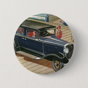 Vintage Transport, Auto am Dock am Meer Button