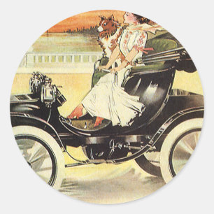 Vintage Transport, Frau in Cabriolet Runder Aufkleber