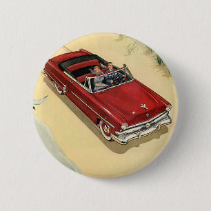 Vintage-Transport, rotes Cabrio Auto am Strand Button