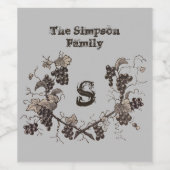 Vintage Trauben und Schwarz-weiße Reben Monogramm Weinetikett (Einzelnes Label)