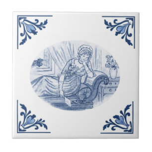 Vintage Träumerische Dame Delft-Ecke Blau und Weiß Fliese