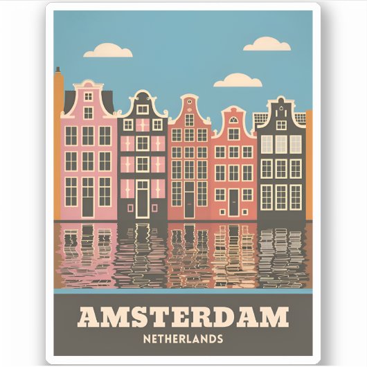 Vintage Travel Amsterdam Niederlande Canal Houses Aufkleber (Vorderseite)